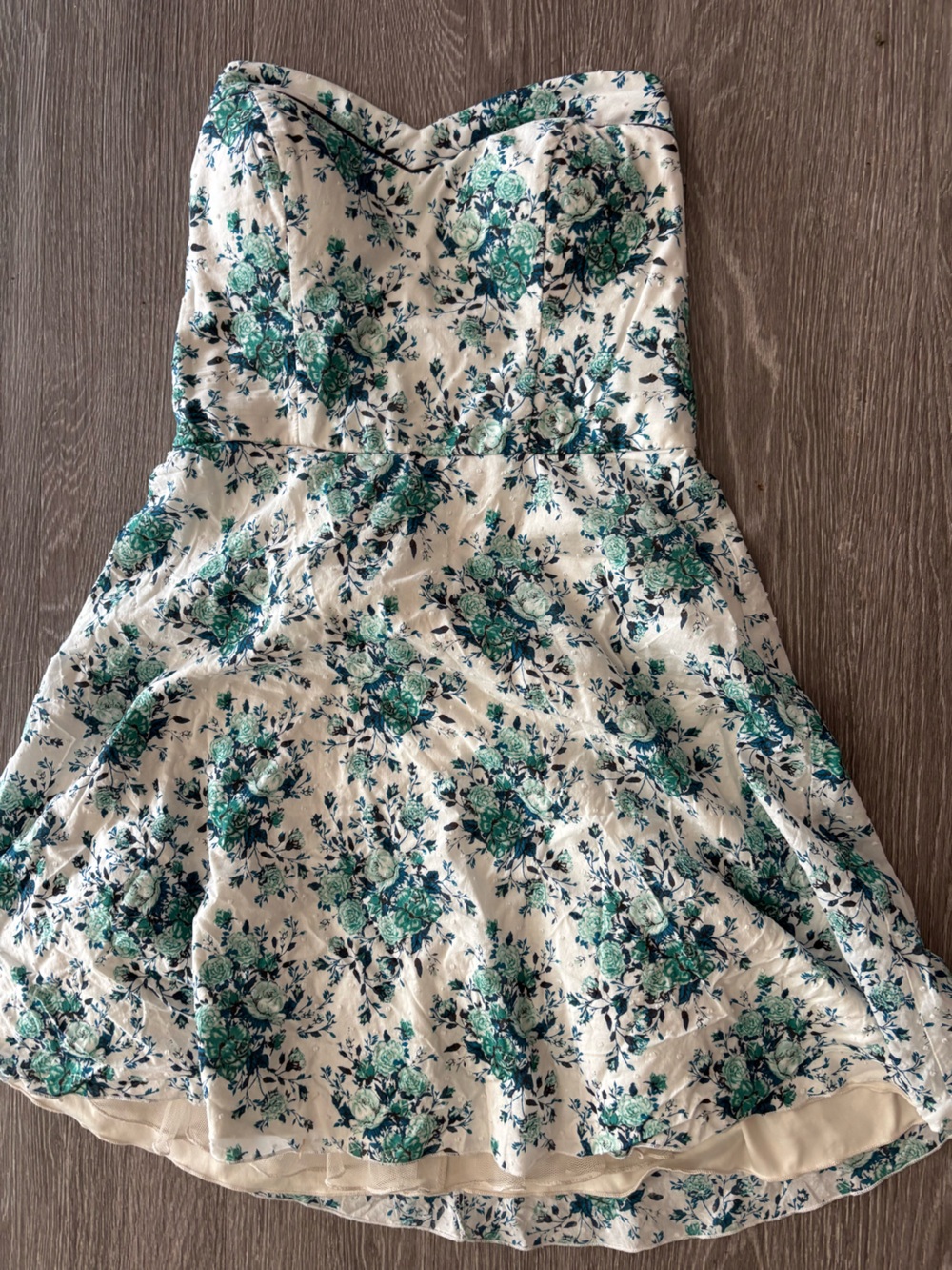 %100 cotton Strapless Floral Mini Dress in Cream and Teal
